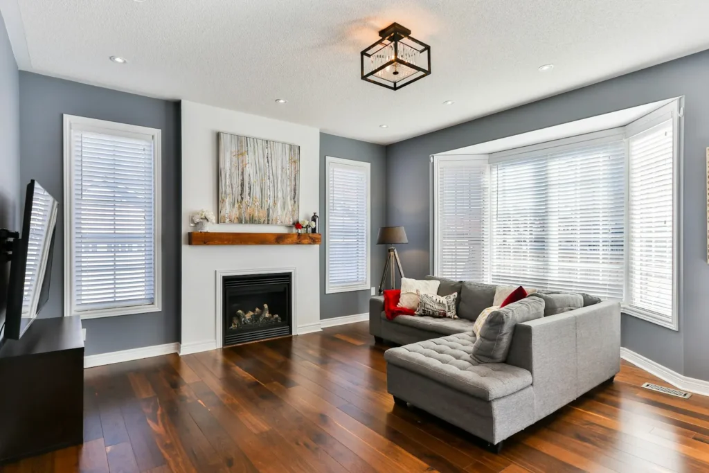 Hardwood flooring installation in a living room